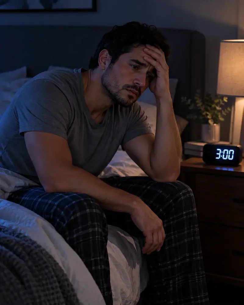 Foto: hombre sentado en la orilla de la cama de madrugada (4:5)