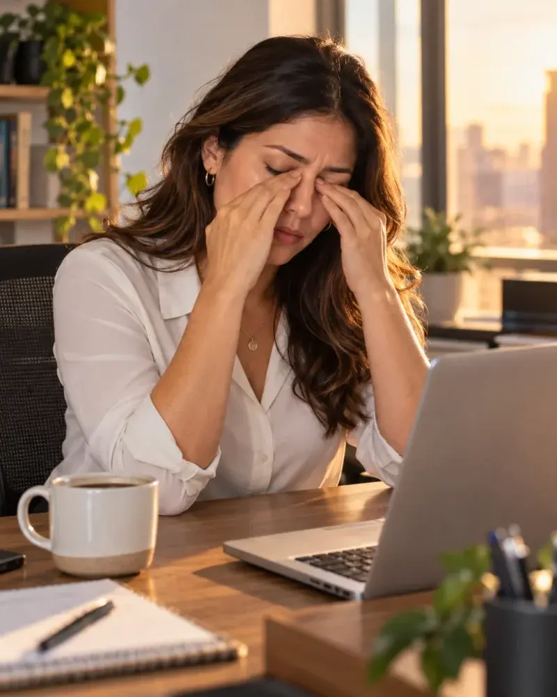 Foto: mujer cansada en su escritorio por la tarde (4:5)