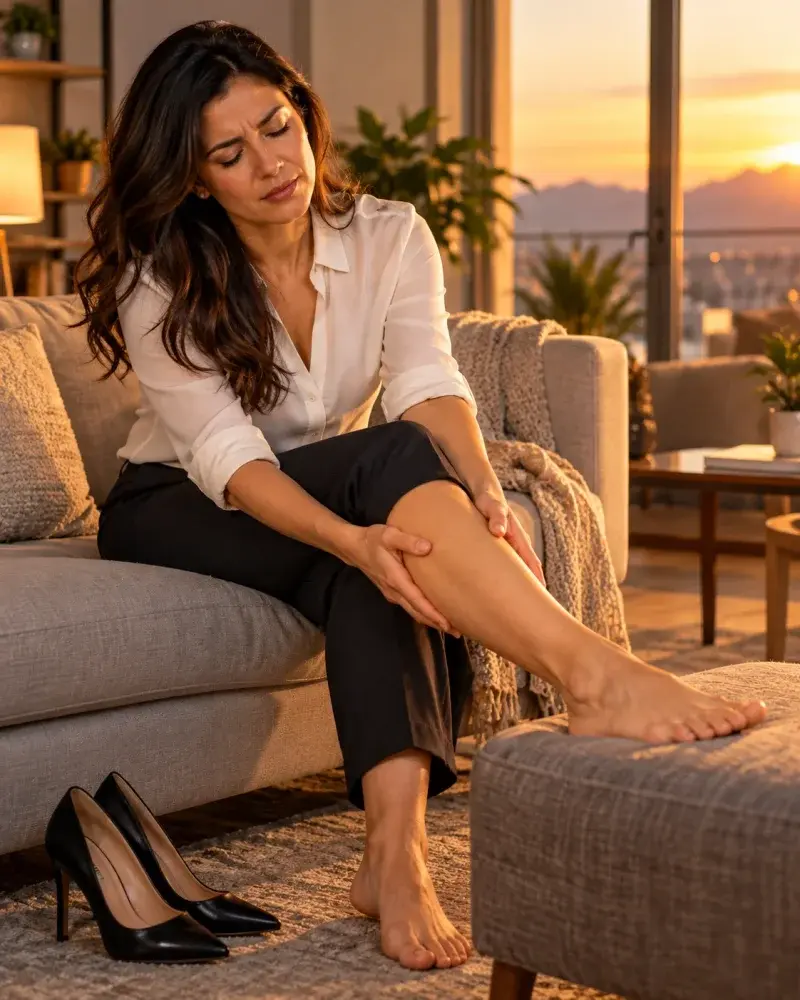 Foto: mujer sentada al final del día, descansando las piernas (4:5)