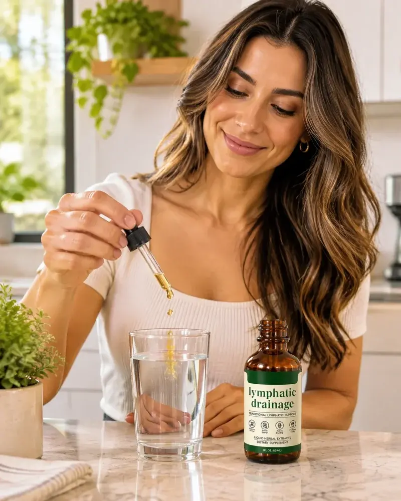 Foto: mujer preparando su vaso de agua con gotas en la mañana (4:5)