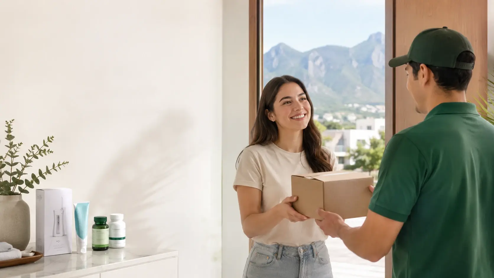 Repartidor entregando un paquete a una clienta en la puerta de su casa